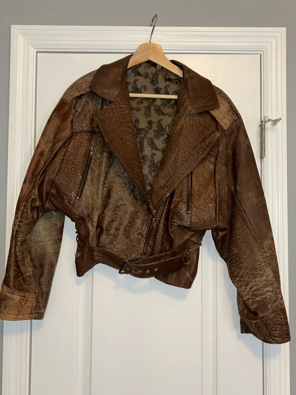 Women's Brown Leather Cropped Moto Jacket with Belt From Istanbul Turkey 1991
